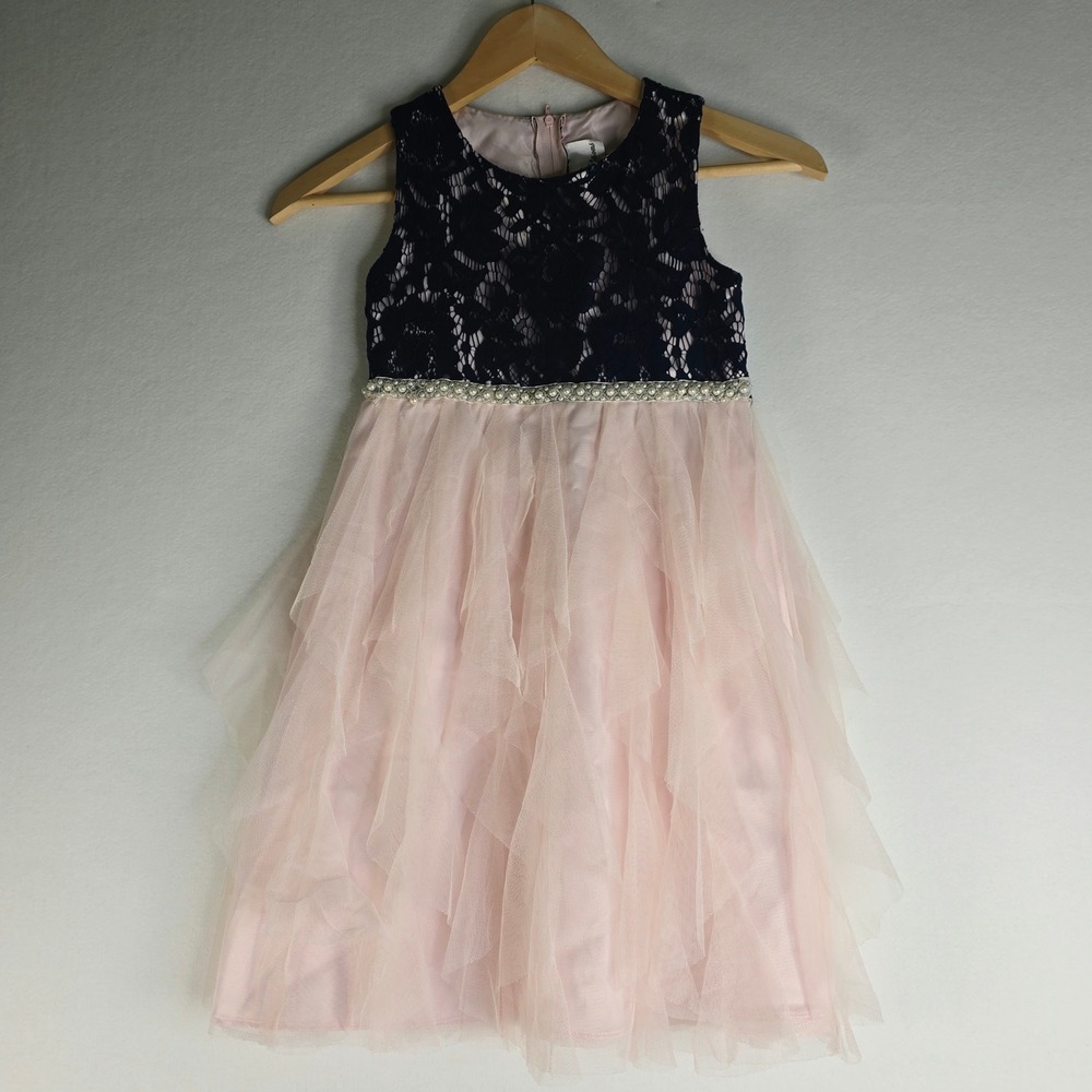 Rare Editions Girls 6X Navy Lace Pink Tulle Tiered Dress Pearl Waist E333568